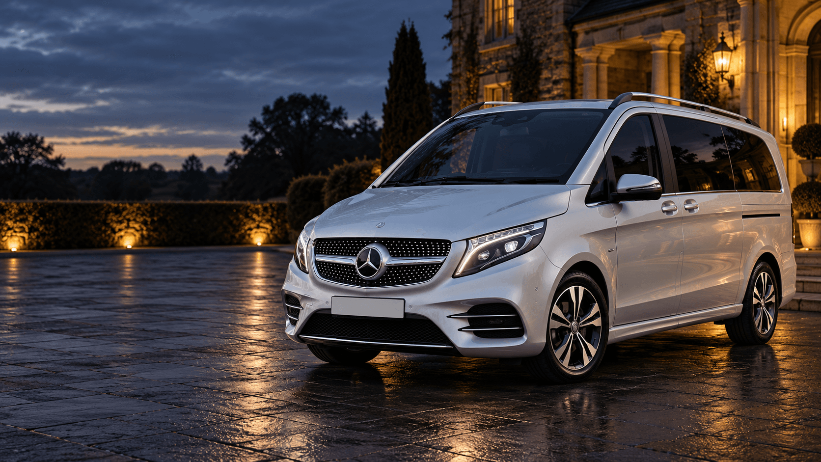 Mercedes-Benz V-Class in an illustrative luxury travel setting